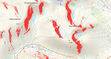 Skärmdump av en karta med röda ytor markerade längs vissa sluttningar på bergen.